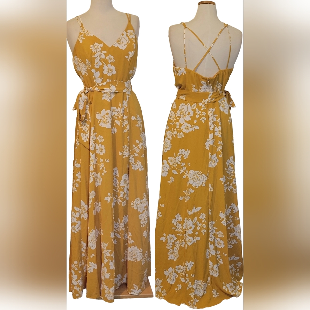Premier Amour Feminine Floral Spaghetti Strap Belted Slit Zip Maxi Dress